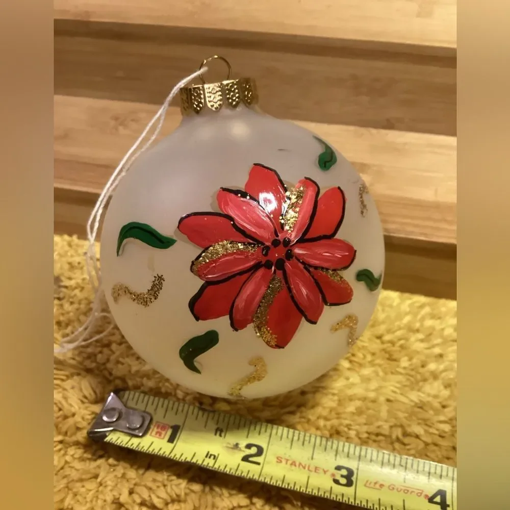 Festive Hand Painted Red Poinsettia Glass Christmas Tree Bulb Holiday Ornament